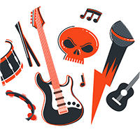 black and red drum, guitar, skull, and microphone